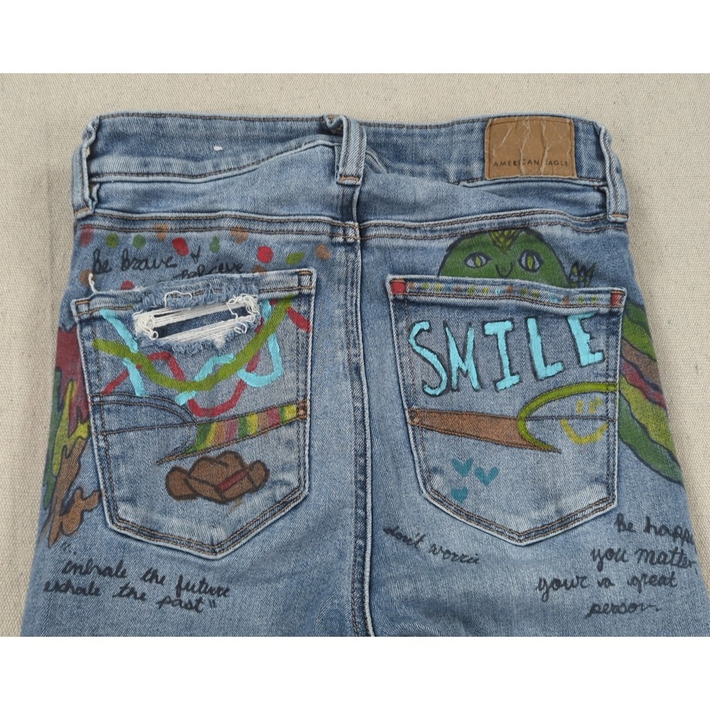 American Eagle Jeans Womens 00 Blue Upcycled Festival Flare Hippie Boho Crop